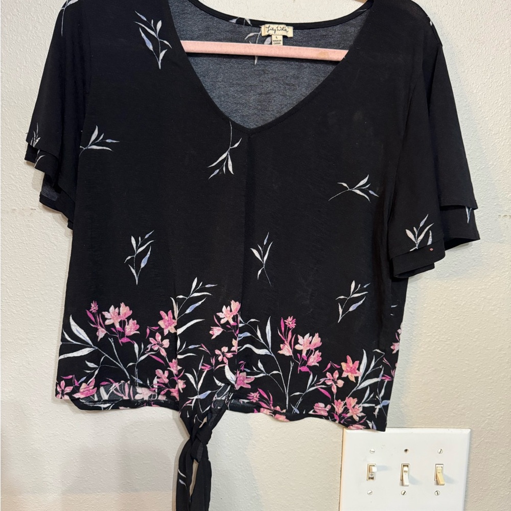 Lily White Black and White Crop Tie Front Blouse